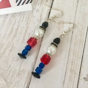 Silver Plated Pearl/Rhinestone Nutcracker Christmas Dangle Earrings, Fishhook